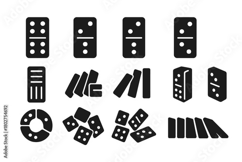 Domino Icons Display. Solid style icons of Domino play: single six, double two, double one, single five, domino setup, falling