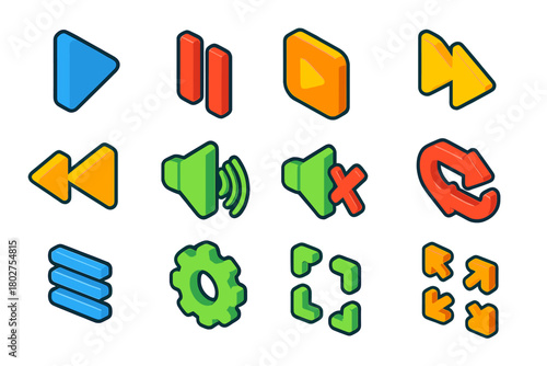 Colorful Music Video Icons. Isometric vector illustration set Music Video Control Icons: play triangle, pause lines, stop square,