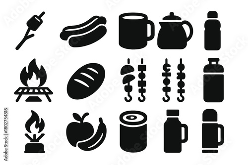 Camping Food Icons. Solid style icons of Food and drinks around campfire: marshmallow, hotdog, mug, kettle, campfire grill, bread,