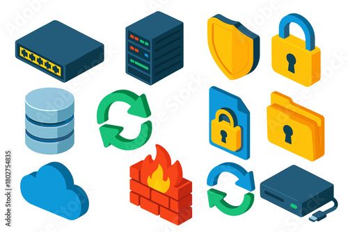 Secure Network Icons. Isometric vector illustration set Secure Network Icons: network switch, server rack, shield, padlock,