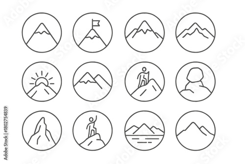 Mountain Peak Icons. Line style icons of summits and peaks in round shape: mountain summit, flag on peak, snow-covered peak, ridge