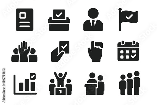Election Icon Set. Solid style icons of elections: ballot slip, ballot box with check, candidate icon, campaign flag, crowd voting