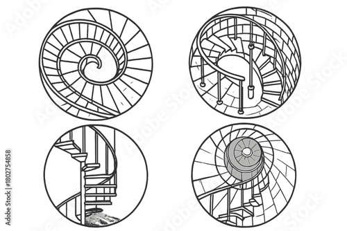 Spiral Staircase Icons. Line style icons of spiral staircases in round shape: top-down spiral, winding lighthouse stairs, central