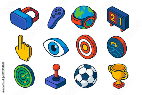 VR Sports Icons. Isometric vector illustration set VR Sports Icons: headset, controller, globe, hand gesture, eye, target,