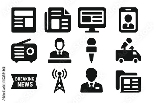 Solid News Icons. Solid style icons of news media: newspaper front page, folded newspaper, news website, news app, radio news, TV