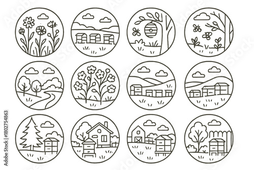 Beekeeping Icons Collection. Line style icons of beekeeping environment in round shape: wildflowers, apiary field, tree with bees,