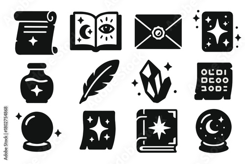 Prophecy Icon Collection. Solid style icons of Prophecy objects: scroll, book of visions, sealed letter, enchanted tablet, magical
