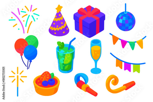 Colorful Celebration Icons. Isometric vector illustration set celebration elements: neon fireworks, shiny tinsel party hat, cube