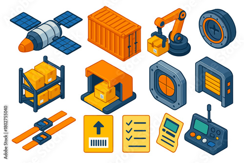 Space Cargo Icons. Isometric vector illustration set Space Cargo and Logistics Icons: cargo spacecraft, cargo container, robotic