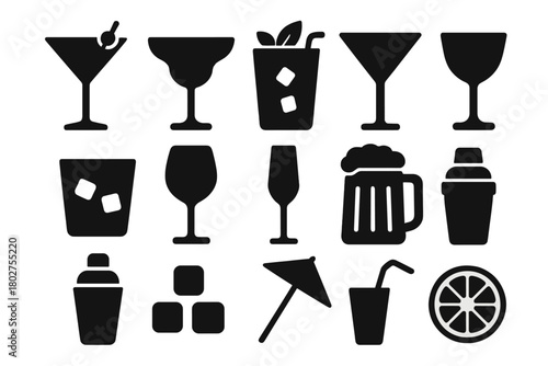 Cocktail Drink Icons. Solid style icons of cocktail drinks: martini glass, margarita glass, mojito glass, cosmopolitan glass,