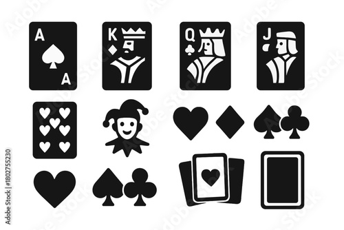 Classic Card Icons. Solid style icons of Playing cards: ace, king, queen, jack, ten, joker, hearts, spades, diamonds, clubs, deck,