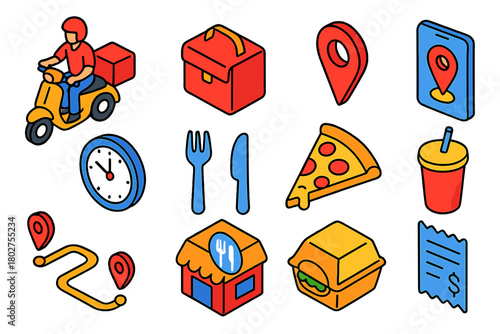 Vibrant Delivery Icons. Isometric vector illustration set Meal on Wheels Icons: scooter courier, delivery bag, GPS pin, smartphone