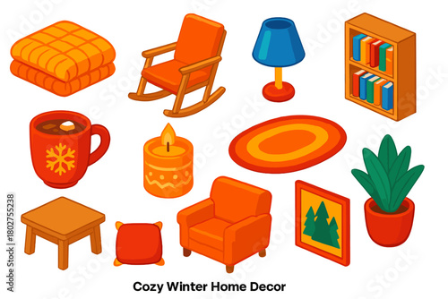 Cozy Winter Home Decor. Isometric vector illustration set Cozy Winter Home Decor: knitted blanket, rocking chair, table lamp,