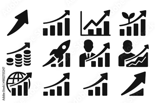 Growth Icons Collection. Solid style icons of growth: arrow rising, bar chart growth, line chart up, plant growth graph, coins