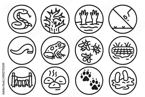 Jungle Hazard Icons. Line style icons of jungle hazards in round shape: venomous snake, thorn bush, quicksand, steep slope; leech,