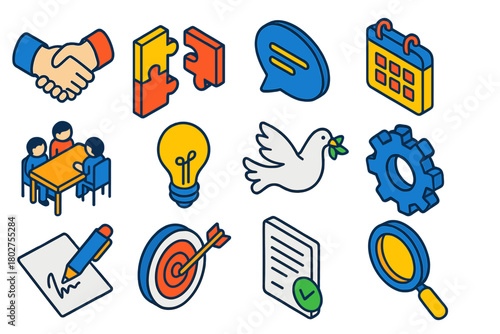 Conflict Resolution Icons. Isometric vector illustration set Conflict Resolution Icons: handshake, puzzle pieces, chat bubble,