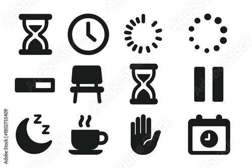 Media Suspension Icons. Solid style icons of media suspension: hourglass wait, clock delay, loading spinner, buffering circle,
