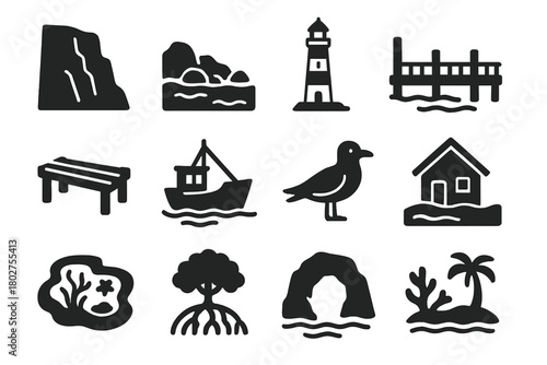 Coastal Scenery Icons. Solid style icons of coastal scenery: cliff, rocky shore, lighthouse, pier, wooden dock, fishing boat,