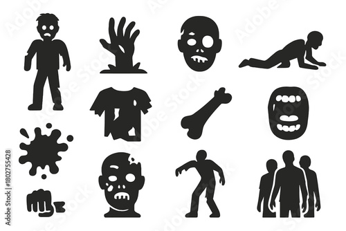 Zombie Apocalypse Icons. Solid style icons of Zombie apocalypse: zombie figure, undead hand, decayed face, crawling zombie, blood