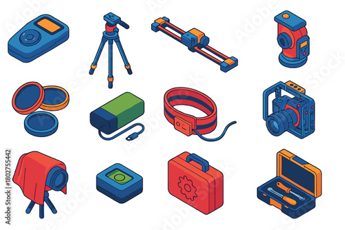 Time-lapse Gear Icons. Isometric vector illustration set Time-lapse Photography Equipment: intervalometer, sturdy tripod,