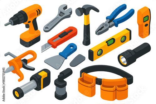 Home Repair Tools. Isometric vector illustration set Home Repair Tools Icons: cordless drill, adjustable wrench, hammer, pliers,