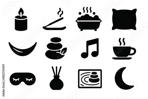 Relaxation Icon Set. Solid style icons of Relaxation and calm: candle, incense, bubble bath, soft pillow, hammock, spa stones,