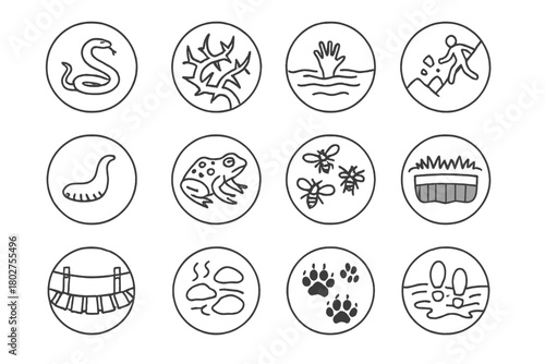 Jungle Hazard Icons. Line style icons of jungle hazards in round shape: venomous snake, thorn bush, quicksand, steep slope; leech,