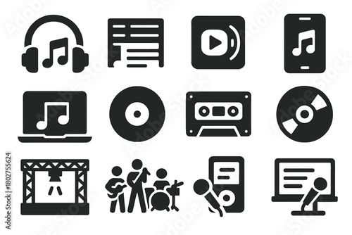 Music Icons Collection. Solid style icons of music listening: headphones with music note, playlist play, streaming app, smartphone