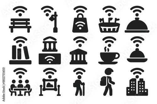 Public WiFi Icons. Solid style icons of public wireless: park WiFi, street hotspot, shopping mall WiFi, stadium connection,