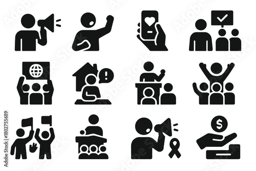 Community Outreach Icons. Solid style icons of community outreach: teacher with megaphone, activist shout, charity call, volunteer
