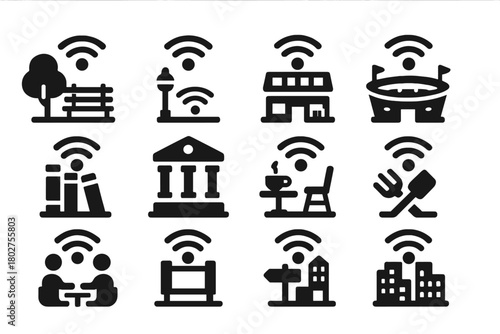 Public WiFi Icons. Solid style icons of public wireless: park WiFi, street hotspot, shopping mall WiFi, stadium connection,