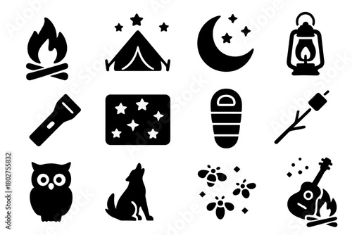 Night Camping Icons. Solid style icons of night camping: campfire flame, tent under stars, crescent moon, lantern light,