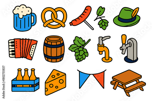 Beer Culture Icons. Isometric vector illustration set Festive Beer Hall Linear Icons: beer mug, pretzel, sausage link, Tyrolean