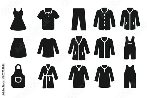 Solid Clothing Icons. Solid style icons of Clothing creation: dress, shirt, pants, jacket, skirt, blouse, coat, vest, apron, robe,