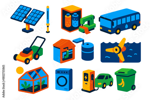 Sustainable Tech Icons. Isometric vector illustration set technology and sustainability: dual-axis solar tracker, bladeless wind