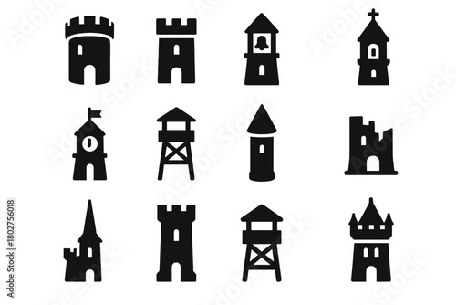 Iconic Tower Silhouettes. Solid style icons of towers: round watchtower, square tower, bell tower, clock tower, lookout tower,