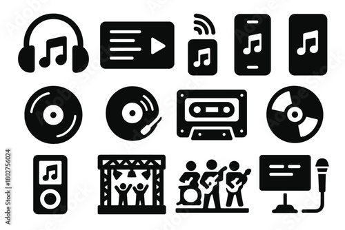 Music Icons Collection. Solid style icons of music listening: headphones with music note, playlist play, streaming app, smartphone