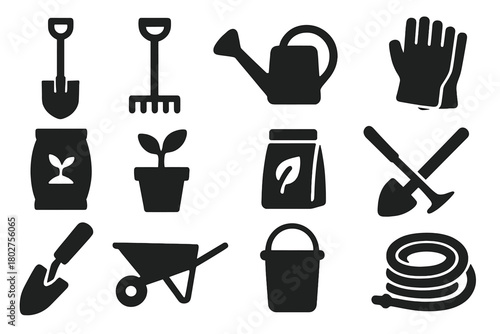Gardening Tools Icons. Solid style icons of Gardening basics: shovel, rake, watering can, gardening gloves, soil bag, plant pot,