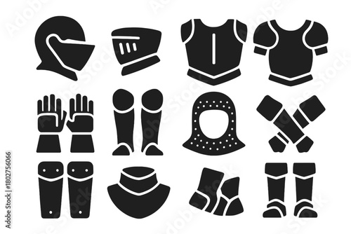 Knight Armor Icons. Solid style icons of Knight armor pieces: helmet, visor, breastplate, pauldrons, gauntlets, greaves, chainmail