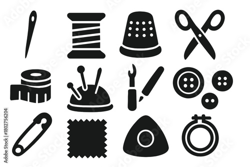 Sewing Tools Icons. Solid style icons of Sewing tools: needle, thread spool, thimble, scissors, measuring tape, pin cushion, seam
