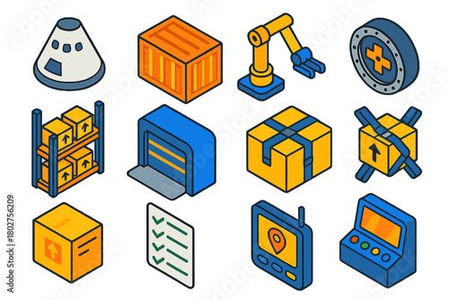Space Cargo Icons. Isometric vector illustration set Space Cargo and Logistics Icons: cargo spacecraft, cargo container, robotic