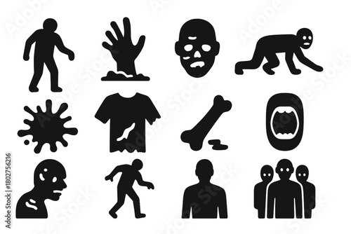Zombie Apocalypse Icons. Solid style icons of Zombie apocalypse: zombie figure, undead hand, decayed face, crawling zombie, blood
