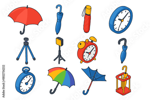 Travel and Time Icons. Isometric vector illustration set Travel Umbrella and Time Icons: open umbrella, closed umbrella, folding