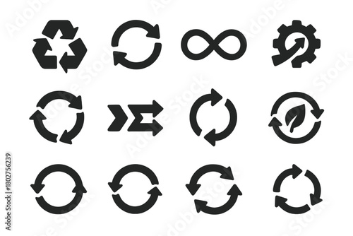 Cycle and Loop Icons. Solid style icons of Cycles and loops: recycle arrows, circular motion, infinity loop, arrow around gear,