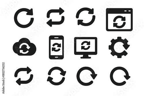 Sync Icons Gallery. Solid style icons of Sync and refresh: circular arrow, two arrows cycle, rotating arrows, reload icon, refresh