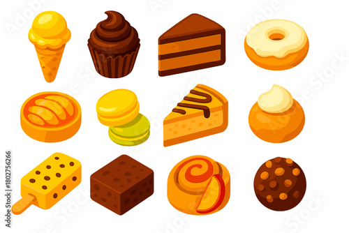Vibrant Dessert Icons. Isometric vector illustration set dessert icons: mango ice cream, chocolate swirl cupcake, coffee cake