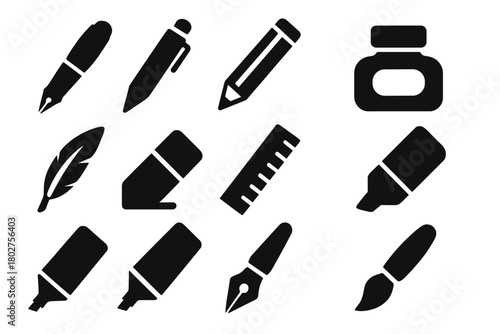 Writing Tools Icons. Solid style icons of Writing tools: fountain pen, ballpoint pen, pencil, ink bottle, quill, eraser, ruler,
