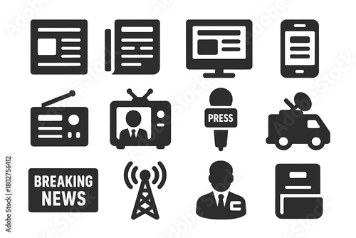 Solid News Icons. Solid style icons of news media: newspaper front page, folded newspaper, news website, news app, radio news, TV