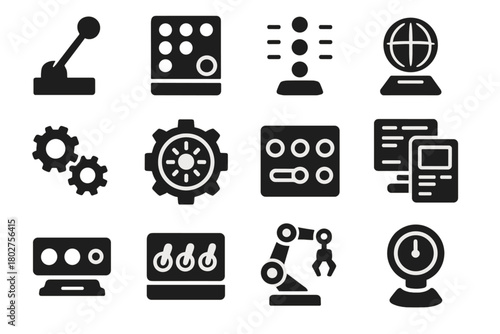 Futuristic Sci-Fi Tools. Solid style icons of Science fiction tools: lever, button panel, blinking lights, holographic display,