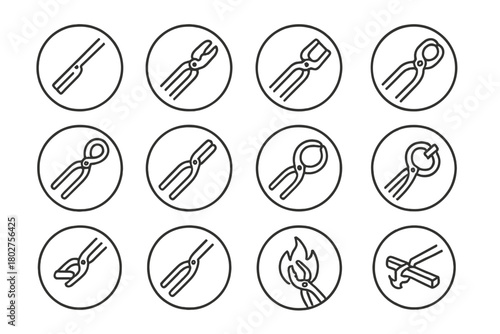 Line Style Tongs Icons. Line style icons of tongs in round shape: flat jaw tongs, wolf jaw tongs, box jaw tongs, V-bit tongs;